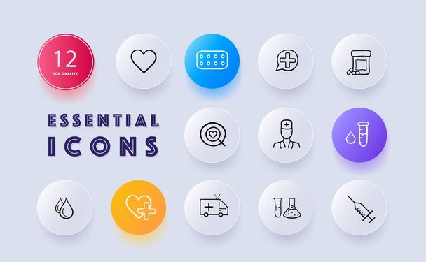 Medical symbol icon set. Healthcare and healing concept. Neomorphism style. Vector line icon for Business and Advertising - Vector, Image