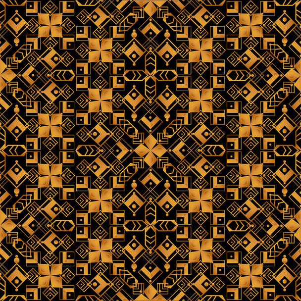 Expensive luxury geometric seamless pattern with squares and rhombuses in golden gradient. Ornament for printing on fabric, cover and packaging. Vector isolated on black background - Vector, Image