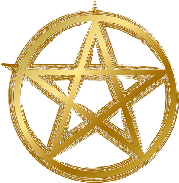 Traditional religious mystical Wicca pentagram talisman amulet. Spiritual symbol in golden gradient grunge style. Secret sacred vector sign isolated on white background for decoration - Vector, Image