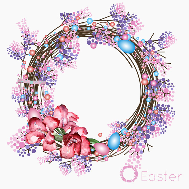 Easter wreath of dried twigs, branches blooming lilacs, a small bouquet of pink and red flowers and colorful Easter eggs - Vektor, Bild