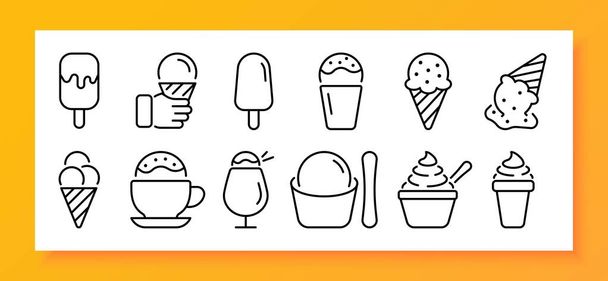 Set di icone per gelato. Sapori e tipi di gelato, come palline di vaniglia, cioccolato, fragola e menta. Dolce concetto di dolcezza. Icona della linea vettoriale per aziende e pubblicità - Vettoriali, immagini