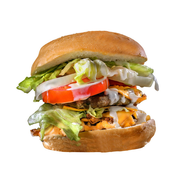 Beyaz arka planda izole edilmiş taze lezzetli burger. - Fotoğraf, Görsel
