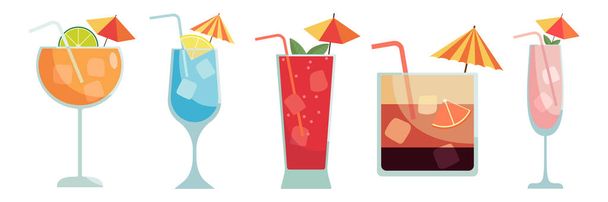 Koktélkészlet. Nyári illusztráció klasszikus italok különböző típusú szemüveg. A nyári koktélok vektorillusztrációja. Banner üdítővel és alkoholtartalmú italokkal. - Vektor, kép