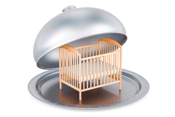 Restaurant Cloche mit Babybett, 3D-Darstellung isoliert auf weißem Hintergrund - Foto, Bild