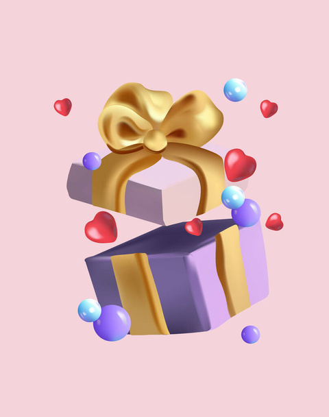 Open 3D gift boxes adorned with gold ribbons and bows and hearts around. These floating, contemporary presents evoke a sense of festive surprise. Holiday decoration presents. Vector. - ベクター画像