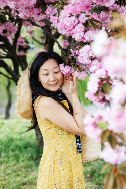 Happy young Asian woman in a wicker hat walks in a blooming city park. Portrait of a stylish emotional model in a yellow dress near pink flowering trees. - Photo, Image