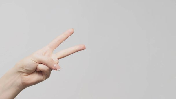 Hand gesture. Victory sign. Woman showing two fingers pointing copy space on light gray background. - Foto, imagen