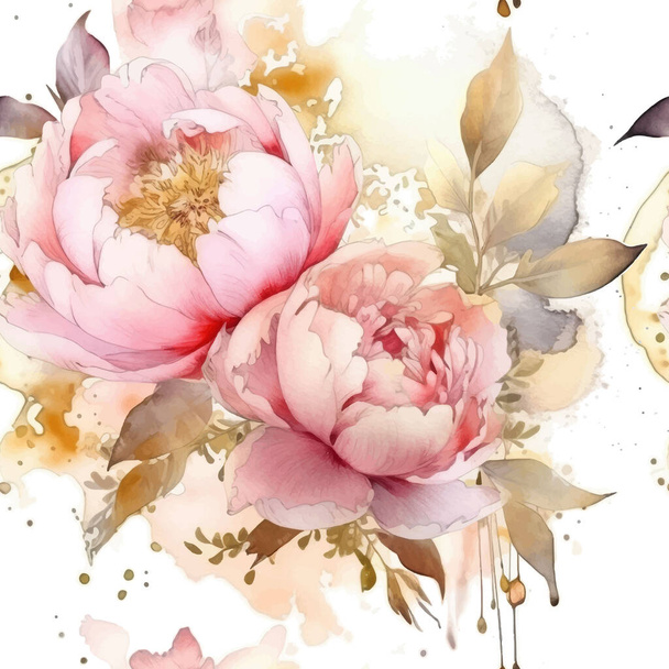 Watercolor beautiful pink peony flowers seamless pattern. Dirty spotty watercolor vector background. Hand drawn paint peonies flowers, leaves. Modern artistic ornament. Endless grunge ornate texture. - Vektor, Bild
