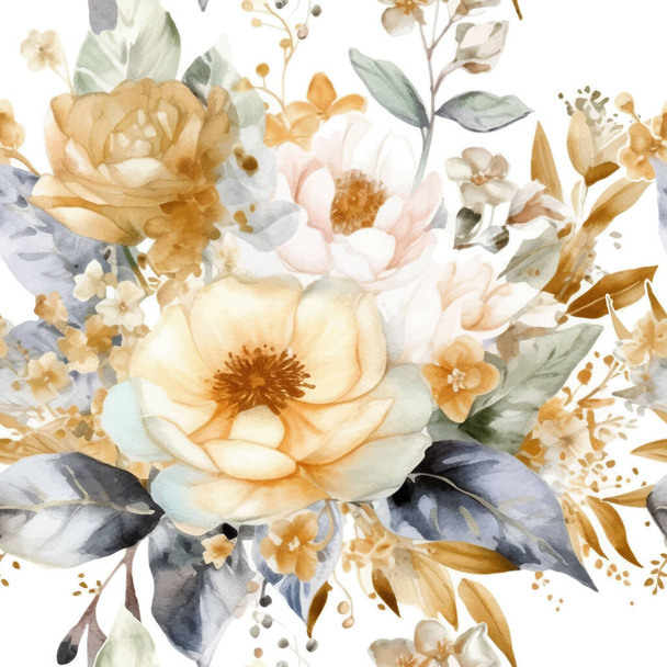 Watercolor beautiful white and yellow elegance flowers seamless pattern. Watercolor vector white background. Hand drawn paint flowers, leaves. Modern artistic ornament. Endless grunge ornate texture. - Vektor, Bild