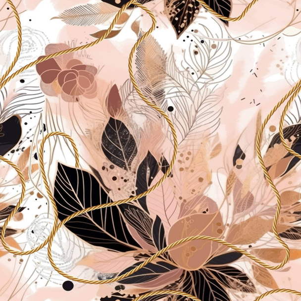 Watercolor abstract seamless pattern with doodle lines, flowers, leaves, spot, rope.  Vector dirty leafy beautiful background. Floral pattern. Trendy abstract arrangements with drawn flowers, doodles. - Vektor, obrázek