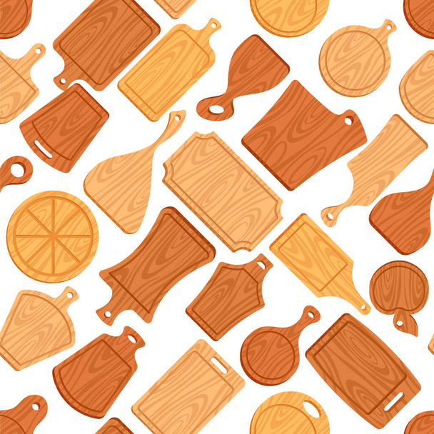 Wooden Cutting Board Seamless Pattern. Tile Background with Natural Wood Texture Tools of Varying Sizes And Shapes, Suitable For Kitchen-themed Designs And Print Materials. Cartoon Vector Illustration - Vector, Imagen