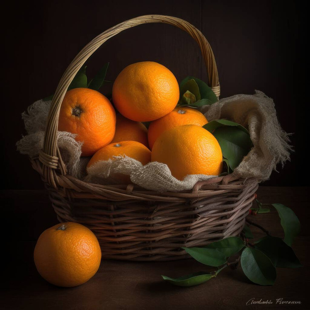 Oranges in a basket, Fresh tasty fruit. High-quality photo - Фото, изображение