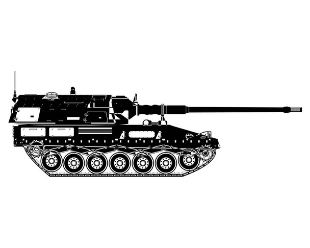 Plan d'obusier automoteur. Allemand 155 mm Panzerhaubitze 2000. Véhicule blindé militaire. Illustration vectorielle isolée sur fond blanc. - Vecteur, image