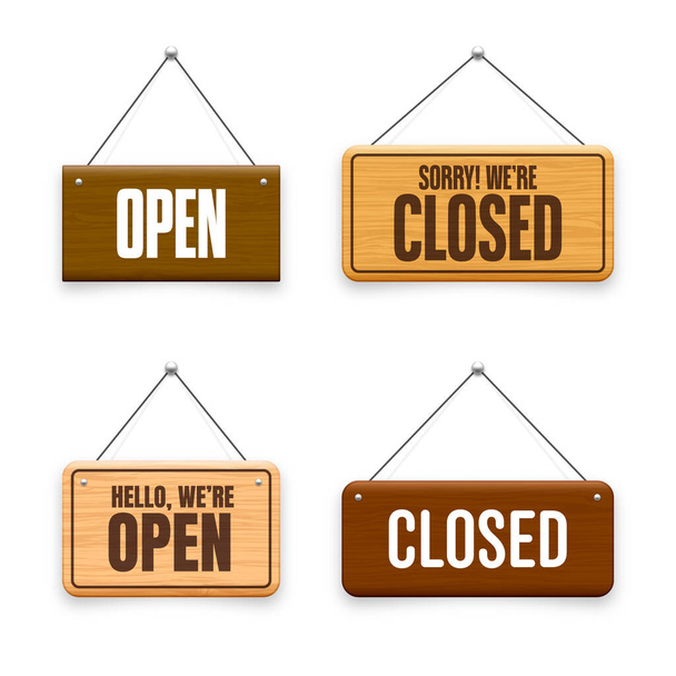 Wooden open or closed hanging signboards. Made of wood door sign for cafe, restaurant, bar or retail store. Announcement banner, information signage for business or service. Vector illustration. - Wektor, obraz