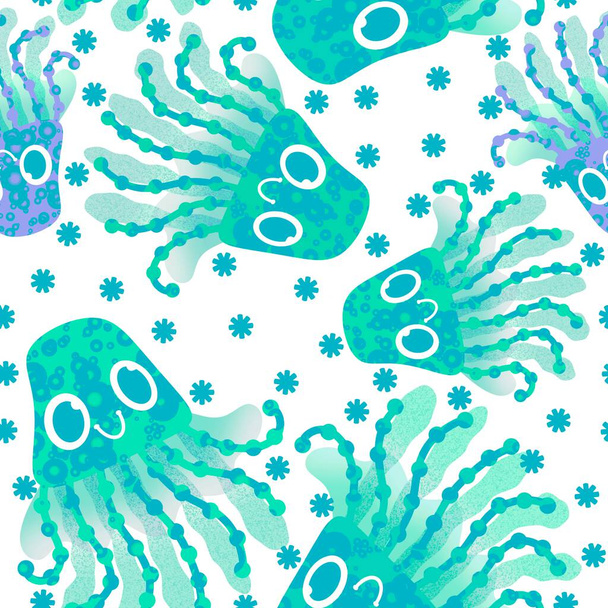Cartoon ocean animals seamless jellyfish pattern for fabrics and wrapping paper and linens and kids clothes print and summer textiles. High quality illustration - Photo, Image