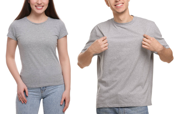People wearing grey t-shirts on white background, closeup. Mockup for design - Photo, Image