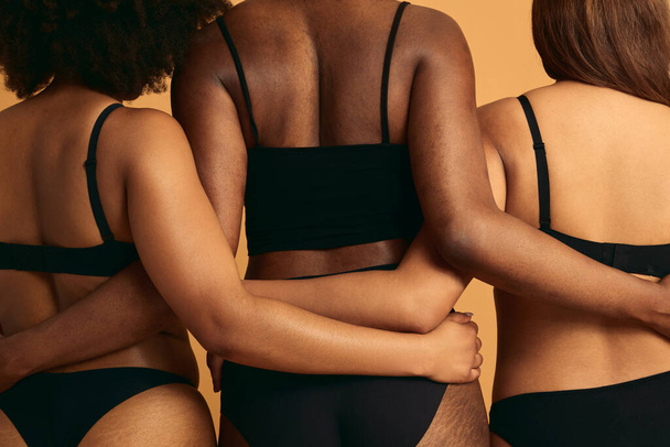 Back view of crop unrecognizable multiracial plus size female models with stretch marks on body in black lingerie embracing against beige background - 写真・画像