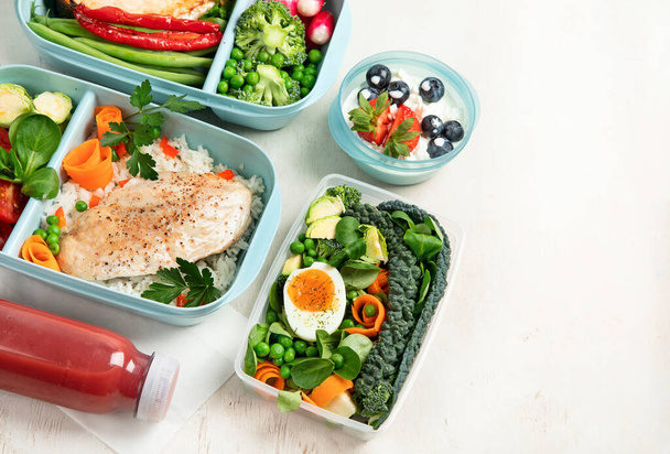 Different types of healthy meals in containers, Takeout food menu, top view, copy space - Foto, Imagem