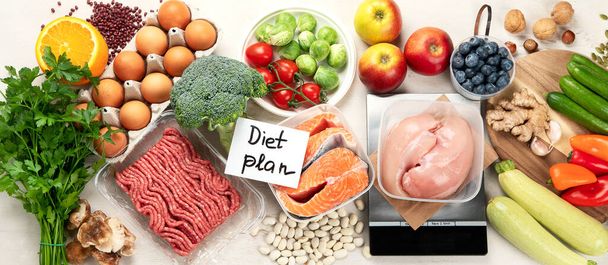 Balanced diet food background. Nutrition, clean eating food concept. Diet plan with vitamins and minerals. Panorama. - Fotó, kép