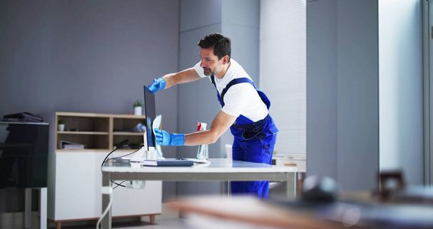 Professional Workplace Janitor Service. Office Desk Cleaning - Zdjęcie, obraz