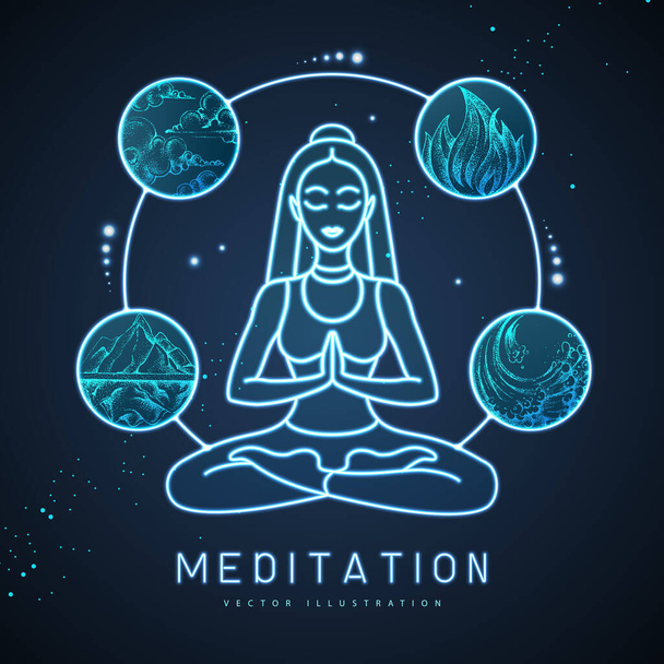 Young Woman meditation in lotus position with the four elements. Neon sign. Vector illustration - Vektör, Görsel