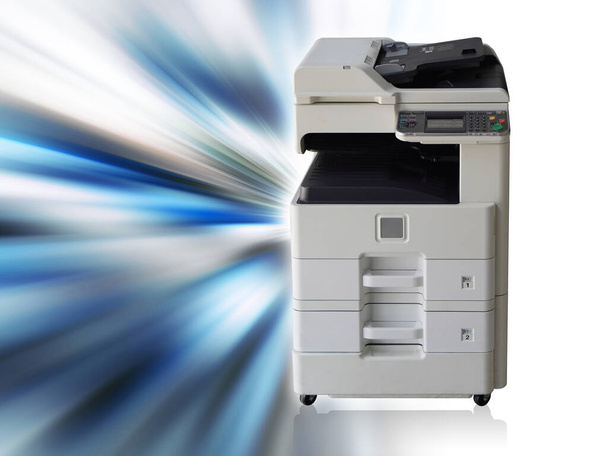 à l'intérieur à droite, vue de face photocopieur blanc et noir sur fond laser et technologie de vitesse bleu et blanc et noir, technologie, objet, bannière, gabarit, espace de copie - Photo, image