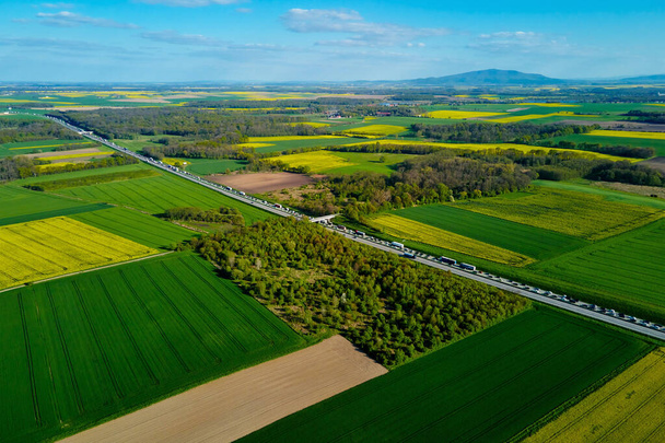 Красочные поля для сельского хозяйства весной. Цветущие поля рапса и зеленые луга, вид с воздуха. Естественный фон - Фото, изображение