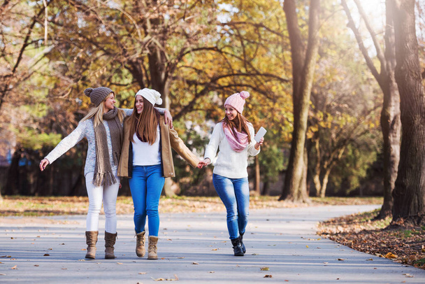 Ομάδα χαμογελαστές φοιτήτριες περπατώντας στο πάρκο - φιλία - Φωτογραφία, εικόνα