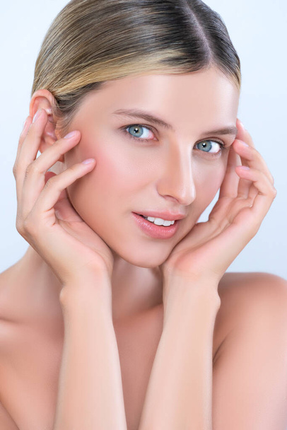 Closeup alluring beautiful woman with perfect smooth and clean skin portrait in isolated background. Beauty hand gesture with expressive facial expression for skincare treatment product or spa. - Φωτογραφία, εικόνα