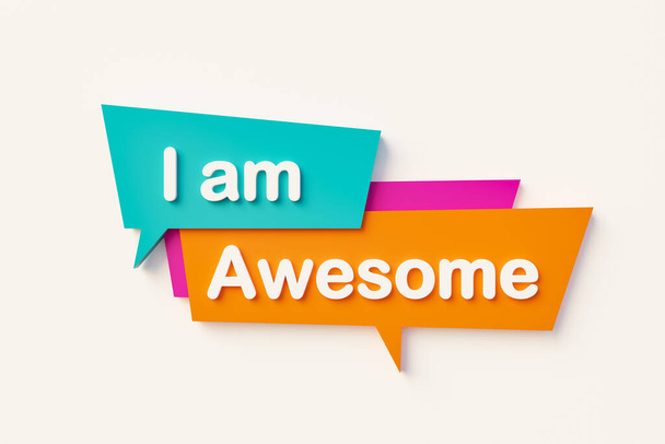 I'm awesome. Speech bubble in orange, blue, purple and white text. 3D illustration	 - Φωτογραφία, εικόνα