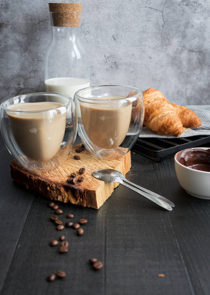 Coffee with milk. Morning. On a dark background. Breakfast - Foto, imagen