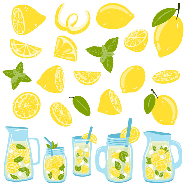 Set of lemons and bottles with lemonade. Vector illustration of citrus fruit, glass, jars with fresh summer drink, mint for web design, logo, packaging, stickers, print. - ベクター画像