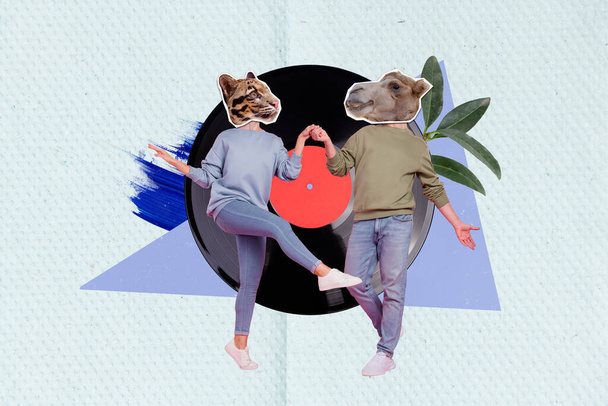 Composite artwork collage of two people youngsters party weekend camel wildcat freaks costume retro discoteque isolated on blue background. - Photo, image