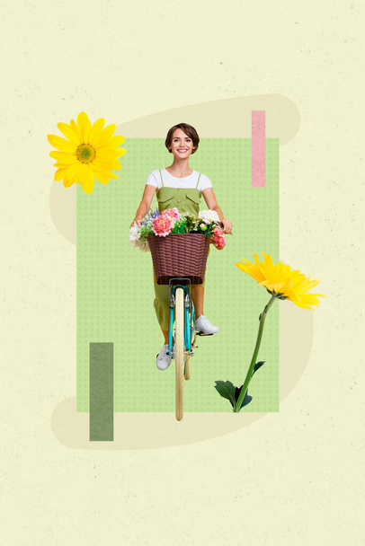 Collage artwork graphics picture of pretty positive lady rising bike enjoying flowers isolated green color background. - Zdjęcie, obraz