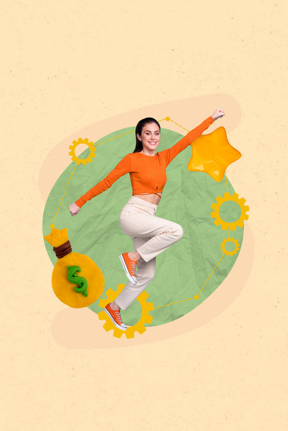 Vertical creative collage photo of happy purposeful young girl self developing for achieving success isolated beige color background. - Φωτογραφία, εικόνα