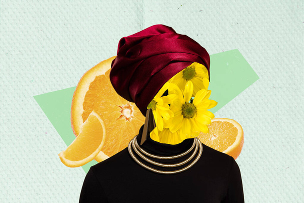 Artwork collage picture of elegant african clothes girl daisy flowers instead face orange fruit slice isolated on creative paper background. - Foto, Imagen