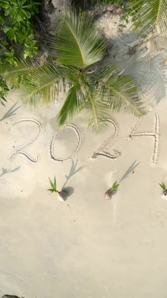 Luchtfoto van het jaar 2024 geschreven op het witte zand op een tropisch strand omringd door jonge kokospalmen. - Video