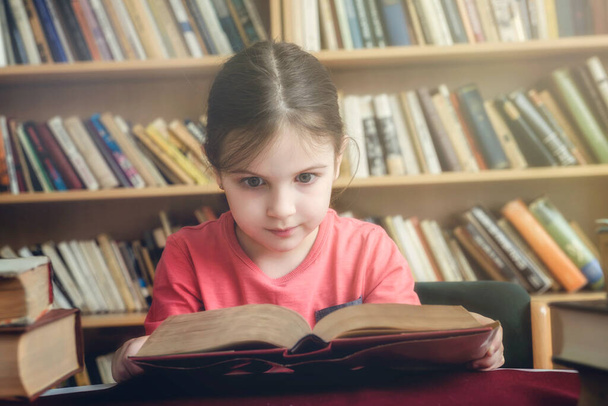 маленькая девочка читает книгу в библиотеке  - Фото, изображение