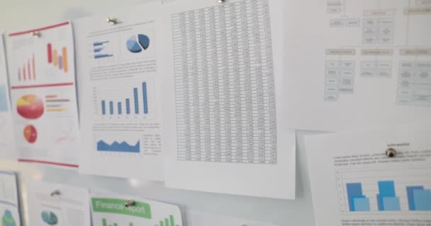 Closeup van financiële rapport analytics statistieken documenten op whiteboard. Jaarverslag of presentatie met statistische gegevens in de vorm van grafieken - Video