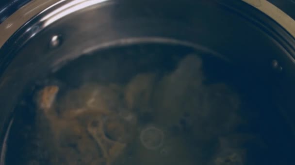 Rindfleisch in kochendes Wasser geben. 4k-Kinematographie-Videorezept. - Filmmaterial, Video