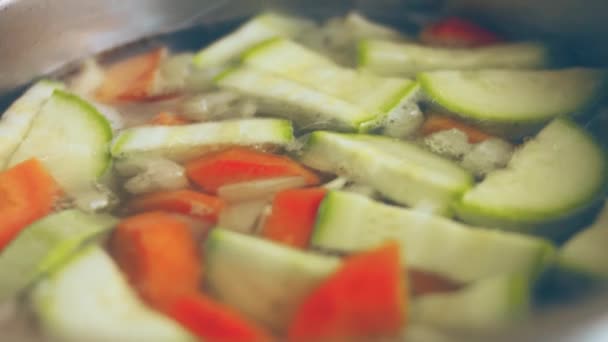 Faire bouillir les légumes, les carottes, la citrouille et les oignons. 4k cinématographie vidéo recette. - Séquence, vidéo