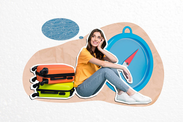 Collage picture of mini cheerful minded girl think dream sea ocean water suitcase big compass isolated on white paper background. - Foto, immagini