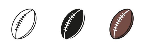 Rugby Ball Silhouette y Line Icon Set. Ball for Play Juego Deportivo, Fútbol Americano Sólido y Esquema Negro y Color Símbolo Colección sobre fondo blanco. Ilustración vectorial aislada. - Vector, imagen