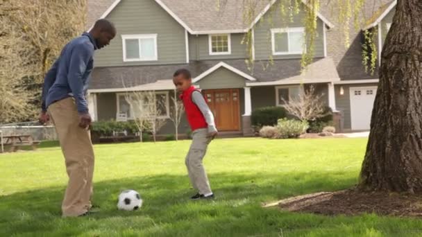 Father and son kick ball - Filmati, video