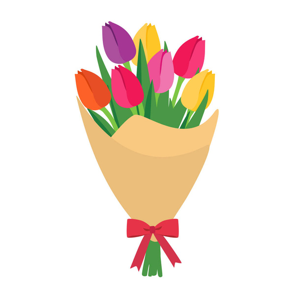 Colorful tulips flower bouquet on isolated white background. Beautiful bunch of spring flowers with long leaves inside bouquet. Vector illustration - Vetor, Imagem