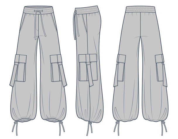 Ευρεία πόδι Παντελόνι τεχνική απεικόνιση μόδας, σχέδιο μόδας, κορδόνι, oversize, τσέπη, λάστιχο στη μέση, μπροστά, πλευρά και πίσω όψη, γκρι, γυναίκες, άνδρες, unisex CAD mockup set.  - Διάνυσμα, εικόνα