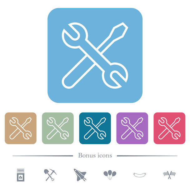 Chiave incrociata e cacciavite delineano icone piatte bianche su sfondo quadrato arrotondato a colori. 6 icone bonus incluse - Vettoriali, immagini