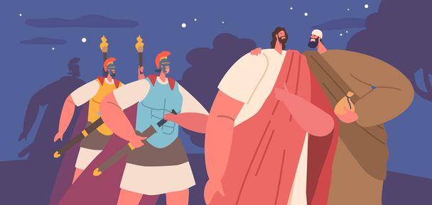 Suukolla petettynä Juudas tunnisti Jeesuksen hahmon roomalaisille sotilaille Getsemanen puutarhassa, mikä johti hänen pidätykseensä ja lopulta ristiinnaulitsemiseen. Sarjakuva ihmiset vektori kuvitus - Vektori, kuva