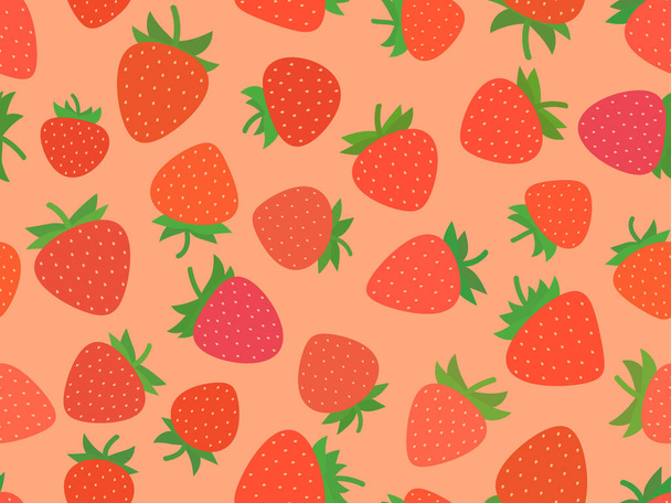 Red strawberries seamless pattern. Red strawberries with seeds. Sweet strawberries with green tips. Design for posters, wrapping paper and wallpapers. Vector illustration - Vetor, Imagem