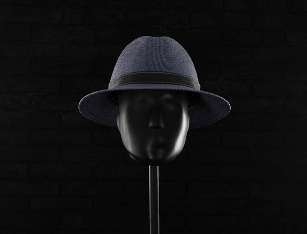 blue summer hat on a mannequin on a black background - Φωτογραφία, εικόνα